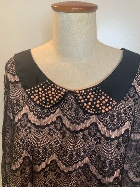 Daniel Rainn Black Lace Blouse with Blush Beaded Collar
